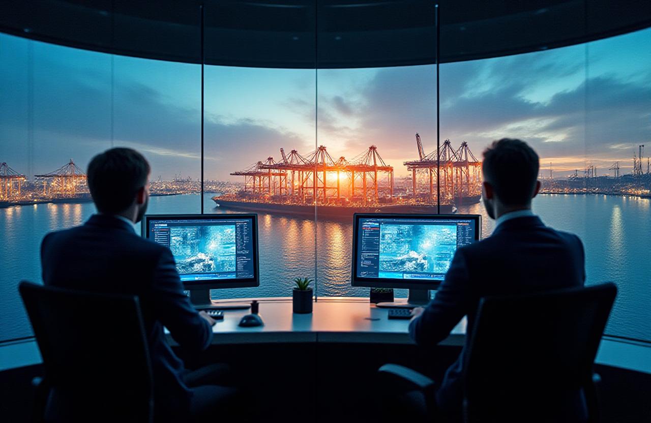 Strategic consulting meeting overlooking a global logistics hub